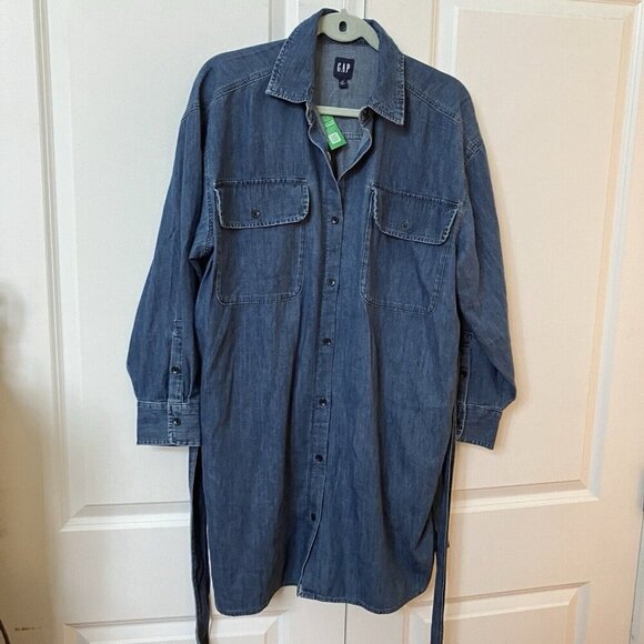 NWT Gap Oversize Belted Shirt Dress Womens S Medium Wash Mini Denim - Picture 8 of 10